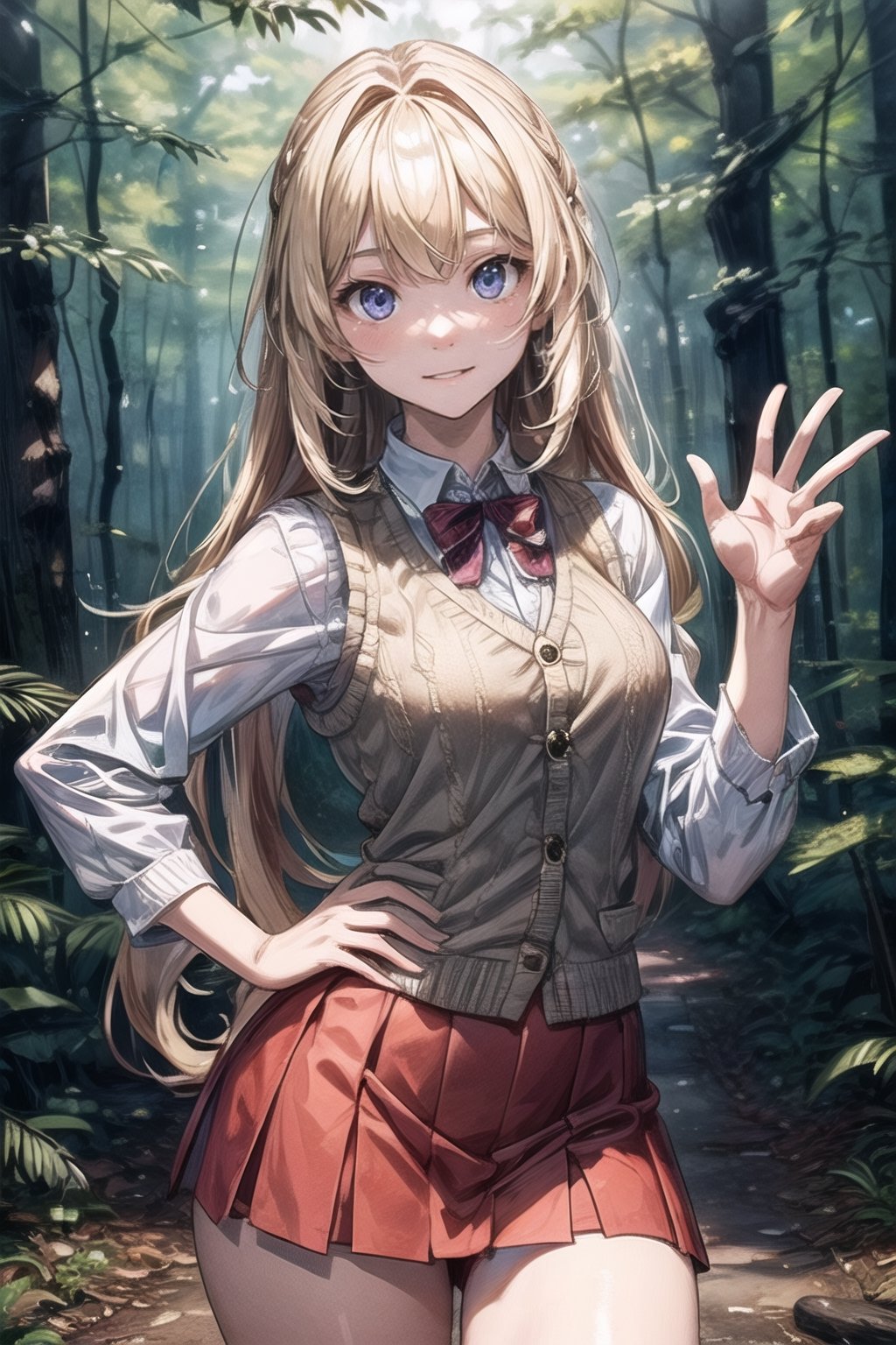 (((In the woods))), (((look at the audience))), (focus on face),
人：(((a korean girl))), (low-cut),
優：(((16K texture structure))), (beautiful body proportions),
髮：(bangs), (((long hair))),(((blond))),
服飾：(knitted vest),(patterned mini skirt),