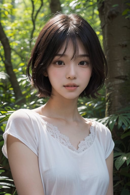 (((deep in the woods))),((looks at viewer)),(standing),(focus on the face),(((Close-up structure of a face with only the head entering the shot))),
人物：a korean girl,Pure and lovely korean girl,
優化：(((Realistic and delicate high-resolution structure: 1.4, Realistic and delicate high-quality structure: 1.4))),(Well-proportioned and perfect body proportion structure),(((image structure of real human texture))),
特質：low cut,
頭髮：(((Super short handsome short hair for girls: 1.5))),(bangs),