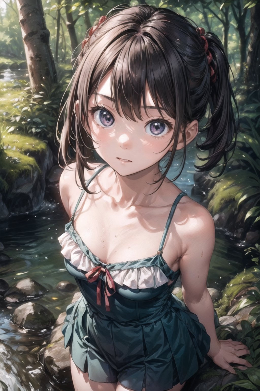 (((By the creek deep in the woods))),(looking at the audience),(((Only the face enters the camera))),
人：a korean little daughter,(((Pure and restrained little daughter))),
服：(sleeveless spaghetti straps),