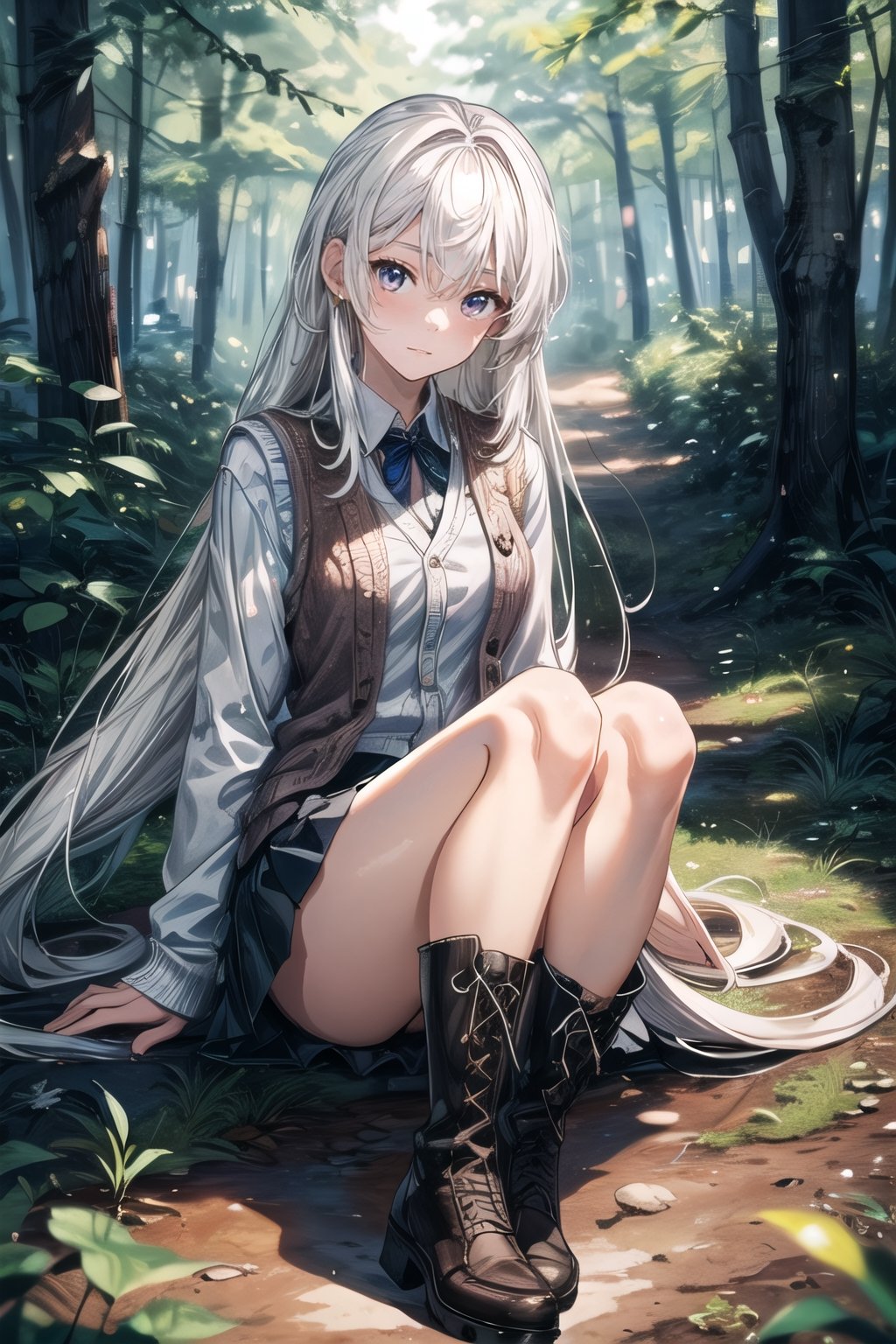 (((In the woods))), (((look at the audience))), (focus on face),
人：(((a korean girl))), (low-cut),
優：(((16K texture structure))), (beautiful body proportions),
髮：(bangs), (((long hair))),(((white hair))),
服飾：(knitted vest),(patterned mini skirt),(black boots),