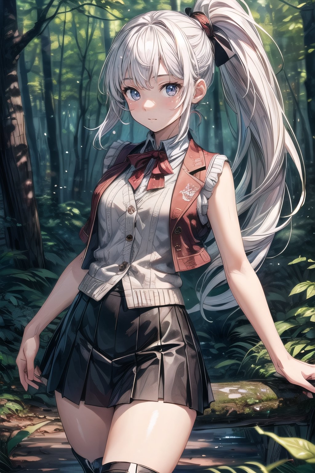 (((In the woods))), (((look at the audience))), (focus on face),
人：(((a korean girl))), (low-cut),
優：(((16K texture structure))), (beautiful body proportions),
髮：(bangs), (((long hair))),(((white hair))),(ponytail),
服飾：(knitted vest),(patterned mini skirt),(black boots),