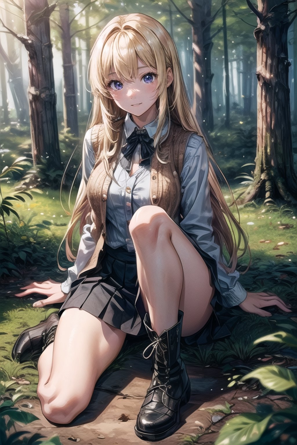 (((In the woods))), (((look at the audience))), (focus on face),
人：(((a korean girl))), (low-cut),
優：(((16K texture structure))), (beautiful body proportions),
髮：(bangs), (((long hair))),(((blond))),
服飾：(knitted vest),(patterned mini skirt),(black boots),