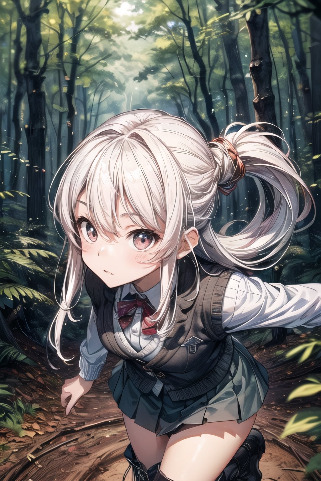 (((In the woods))), (((look at the audience))), (focus on face),
人：(((a korean girl))), (low-cut),
優：(((16K texture structure))), (beautiful body proportions),
髮：(bangs), (((long hair))),(((white hair))),
服飾：(knitted vest),(patterned mini skirt),(black boots),