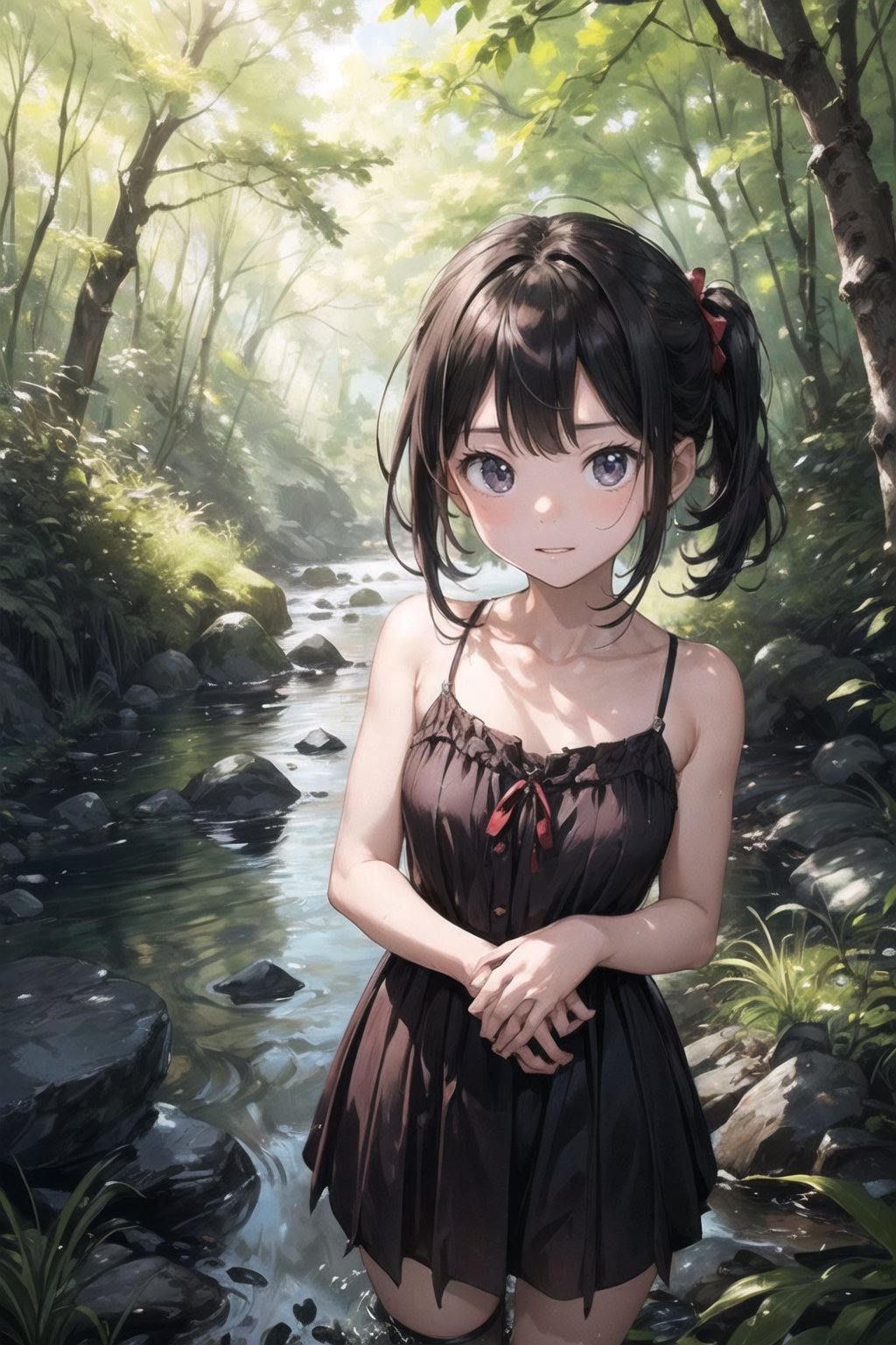 (((By the creek deep in the woods))),(looking at the audience),(((Only the face enters the camera))),
人：a korean little daughter,(((Pure and restrained little daughter))),
服：(sleeveless spaghetti straps),