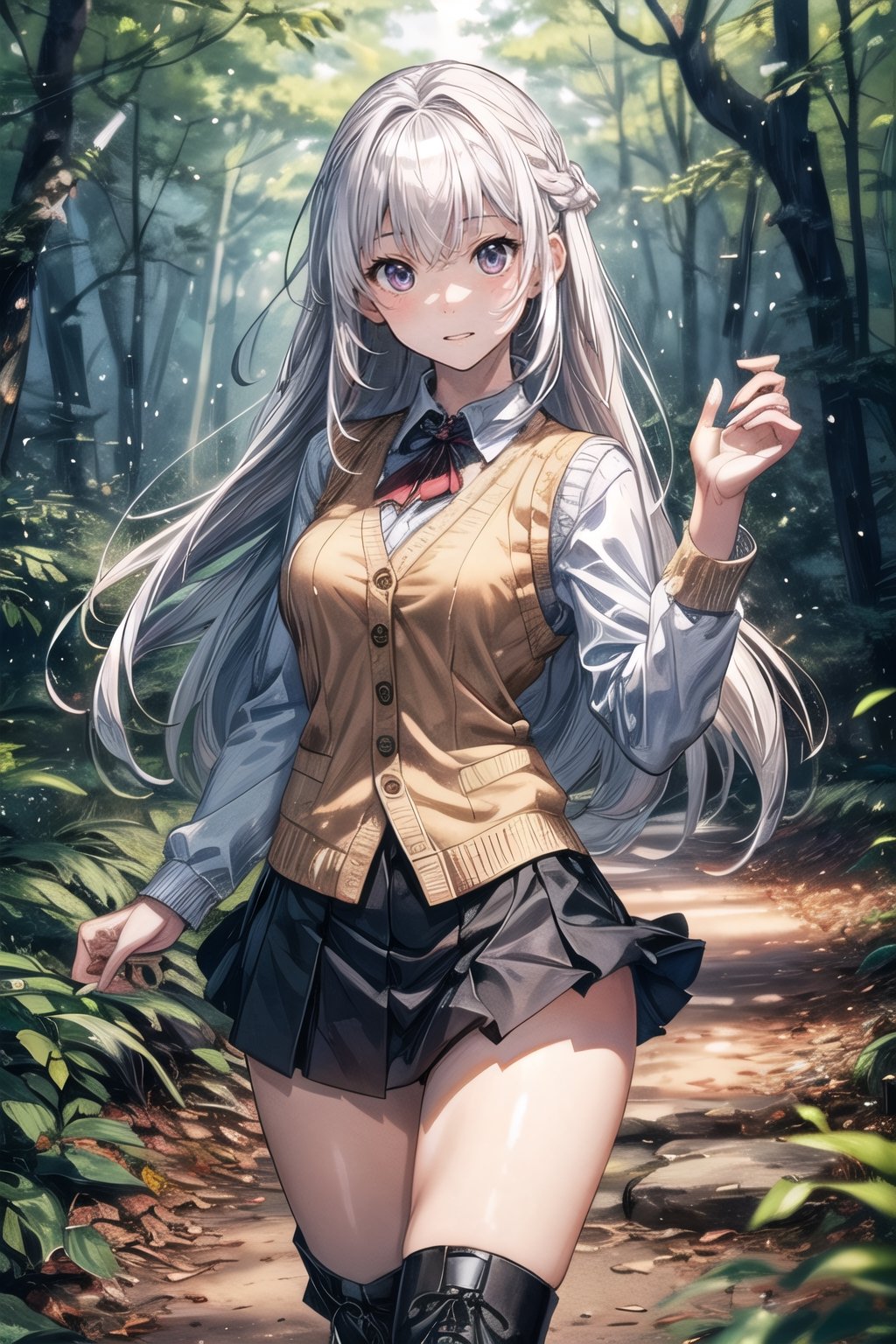 (((In the woods))), (((look at the audience))), (focus on face),
人：(((a korean girl))), (low-cut),
優：(((16K texture structure))), (beautiful body proportions),
髮：(bangs), (((long hair))),(((white hair))),
服飾：(knitted vest),(patterned mini skirt),(black boots),