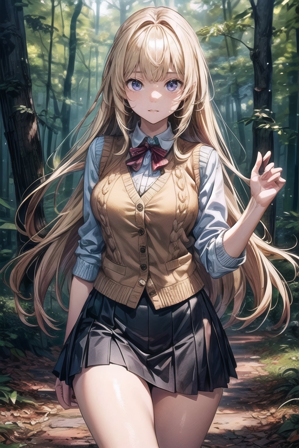 (((In the woods))), (((look at the audience))), (focus on face),
人：(((a korean girl))), (low-cut),
優：(((16K texture structure))), (beautiful body proportions),
髮：(bangs), (((long hair))),(((blond))),
服飾：(knitted vest),(patterned mini skirt),