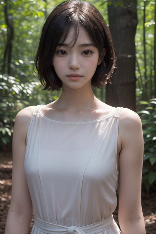 (((deep in the woods))),((looks at viewer)),(standing),(focus on the face),(((Close-up structure of a face with only the head entering the shot))),
人物：a korean girl,Pure and lovely korean girl,
優化：(((Realistic and delicate high-resolution structure: 1.4, Realistic and delicate high-quality structure: 1.4))),(Well-proportioned and perfect body proportion structure),(((image structure of real human texture))),
特質：low cut,
頭髮：(((Super short handsome short hair for girls: 1.5))),(bangs),