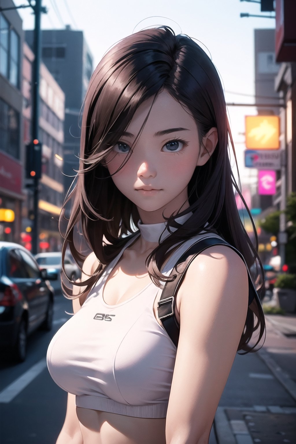 ((Realistic lighting, Best quality, 8K, Masterpiece: 1.3)), Light focus: 1.2, 1girl, Perfect figure: 1.4, Slim Abs: 1.1, ((Dark brown hair)), (White crop top: 1.4), (Outdoor, Night: 1.1), City streets, Super thin face, Thin eyes, Double eyelids, Full fitness body, Geek twerk style cosplay dress, Elegant features on breasts, Body features of perfect cosplay model, Sexy features in evidence, geektight and sexy fashion clothing, perfect face and body details and features