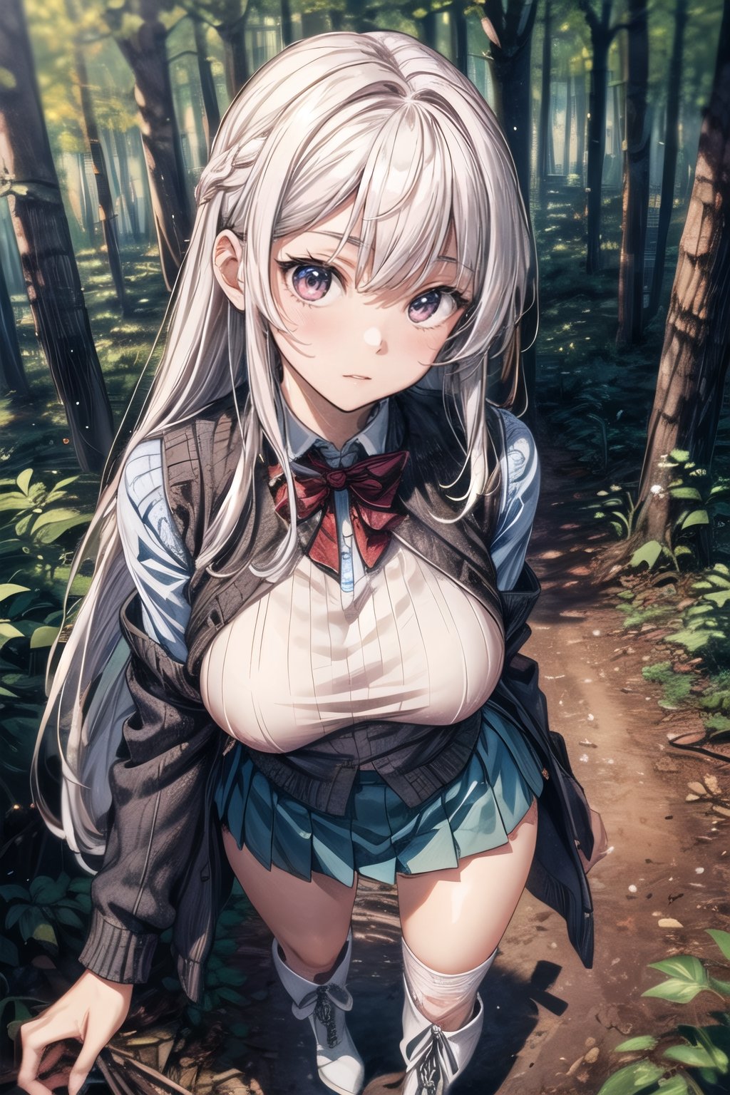 (((In the woods))), (((look at the audience))), (focus on face),
人：(((a korean girl))), (low-cut),
優：(((16K texture structure))), (beautiful body proportions),
髮：(bangs), (((long hair))),(((white hair))),
服飾：(knitted vest),(patterned mini skirt),(black boots),