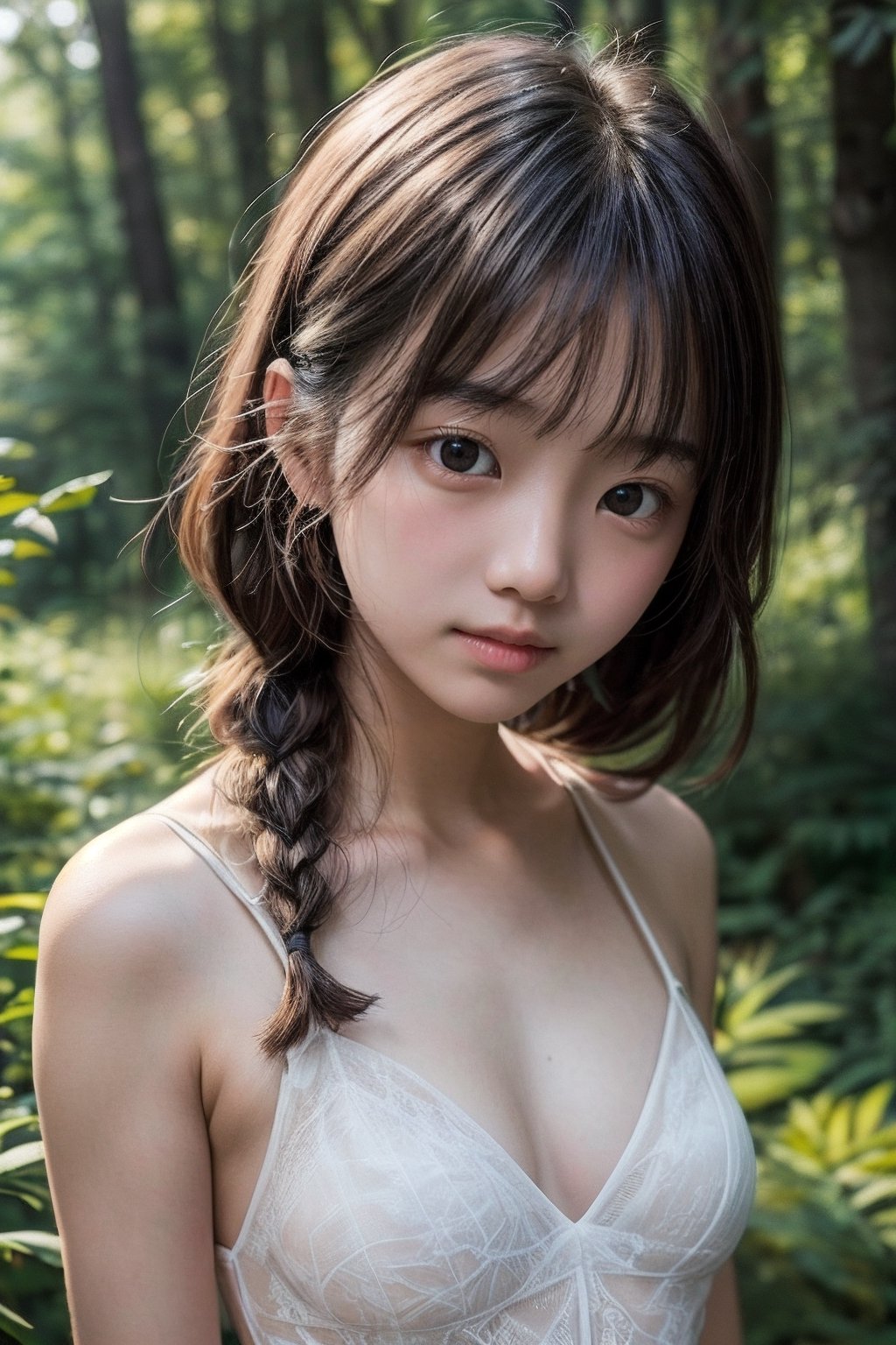 (((deep in the woods))),(looking at the audience),(close to the camera, close to the audience),face close-up,
人物：(((a korean little girl:1.3))),(Korean actress Lim Yoona),(((little girl of elementary school age))),(childish body:1.3),(childish breasts),
優化：(((16K texture structure))),Beautiful waist,
頭髮：(bangs),braid,
服飾：(((White spaghetti strap sleeveless sheer dress))),