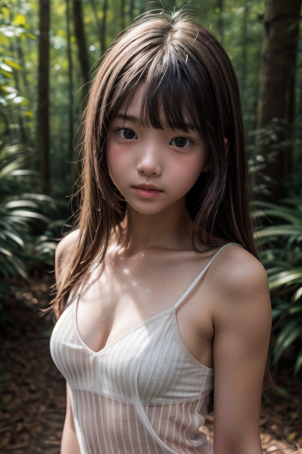 (((deep in the woods))),(looking at the audience), (((Only the face enters the camera))), (Focus on the face),
人：(((1 little girl))),(((real little girl photo))), (girl's small breasts(1.2)),
優：(((16K texture structure))), the light and shadow structure that makes the texture more realistic and natural, (film style structure),
髮：Long hair, bangs,
服：(((Spaghetti strap sleeveless sheer shirt))),Detail,Update