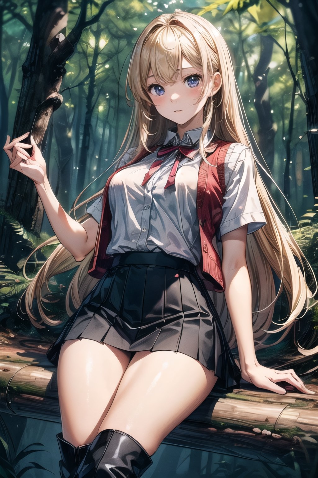 (((In the woods))), (((look at the audience))), (focus on face),
人：(((a korean girl))), (low-cut),
優：(((16K texture structure))), (beautiful body proportions),
髮：(bangs), (((long hair))),(((blond))),
服飾：(knitted vest),(patterned mini skirt),(black boots),