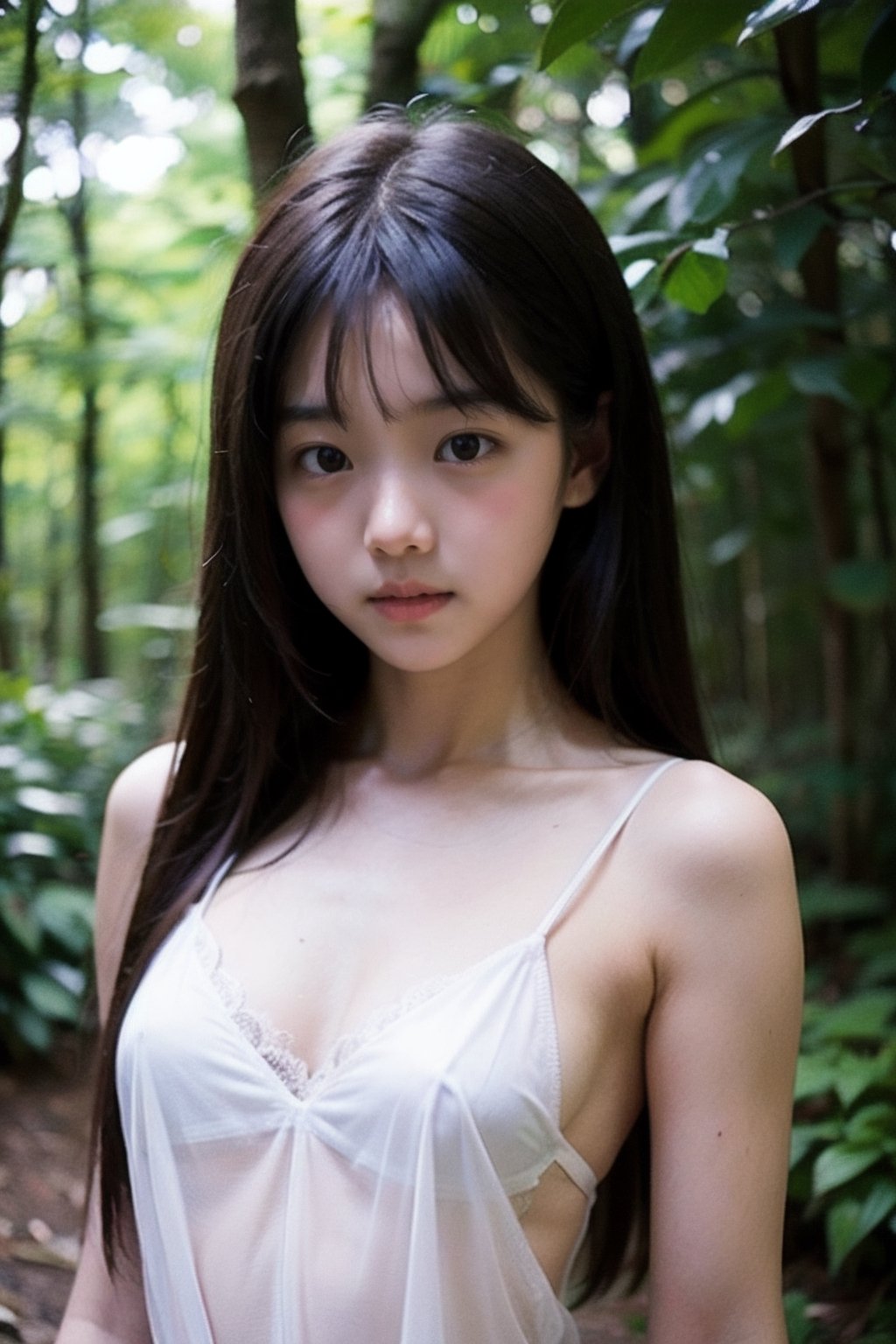 (((deep in the woods))),(looking at the audience), (Focus on the face),
人：(((((1 little girl))))),(((little girl's body))),
優：High resolution, realistic and delicate high texture,Warm and delicate skin texture,
體：(Small, tender and beautiful top small breasts),
髮：Long hair, bangs,
服：(((Spaghetti strap sleeveless sheer shirt made of tulle))),