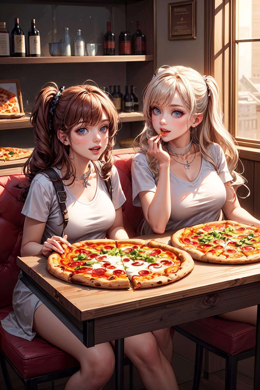 Masterpiece, eyes look away from the viewer, 16k, intricate details, highest resolution, long shot, perfect lighting, unreal engine, colorful, elaborate and detailed scene, the most beautiful sisters, long wavy hair, eating pizza, pizza shop, laughing together, dynamic pose 