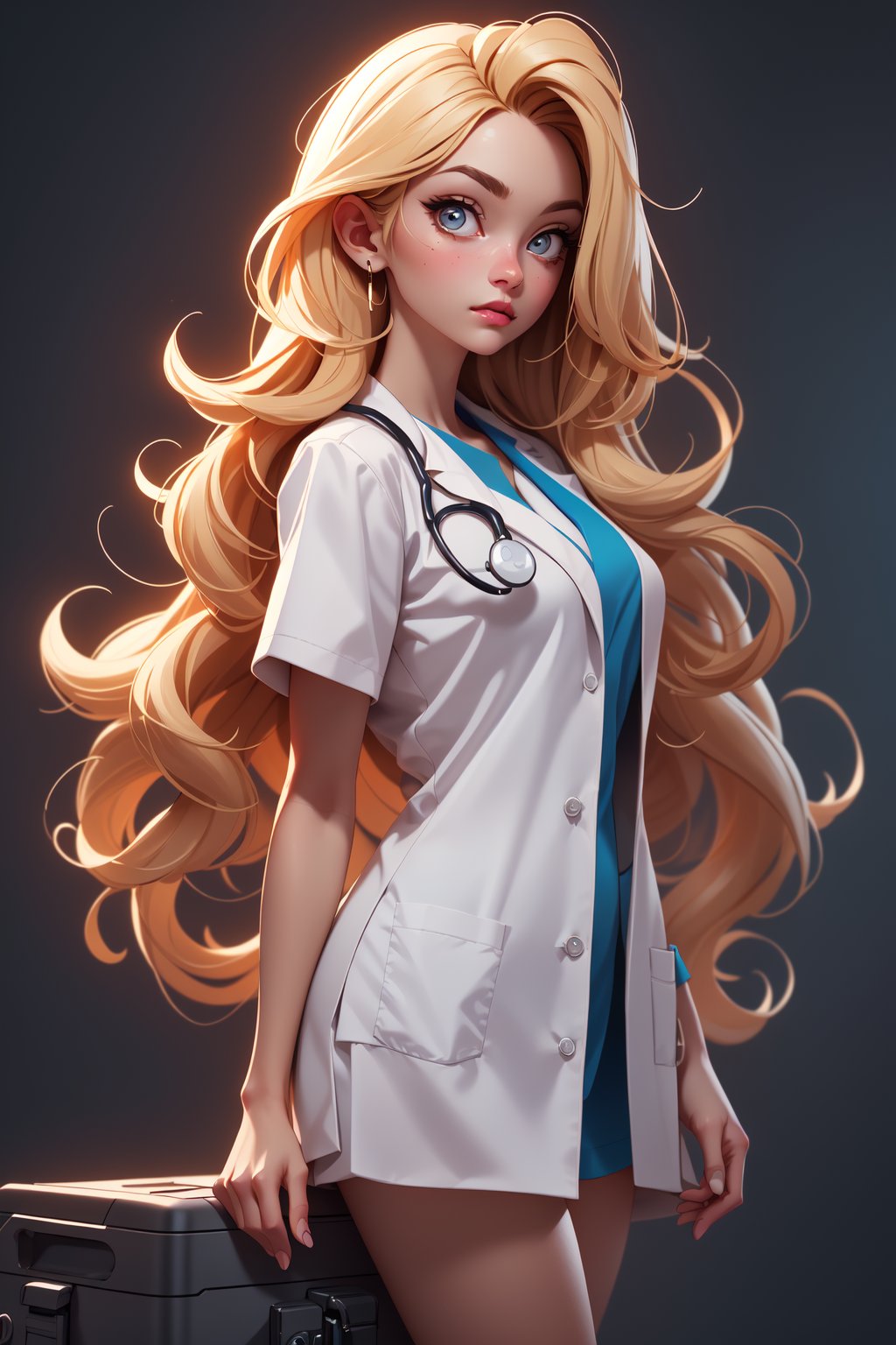 Masterpiece, 16k, intricate details, highest resolution, long shot, perfect lighting, unreal engine, colorful, elaborate and detailed scene, the most beautiful girl, long wavy blonde hair, wide shot, doctor, doctor uniform, hospital, perfect pose 