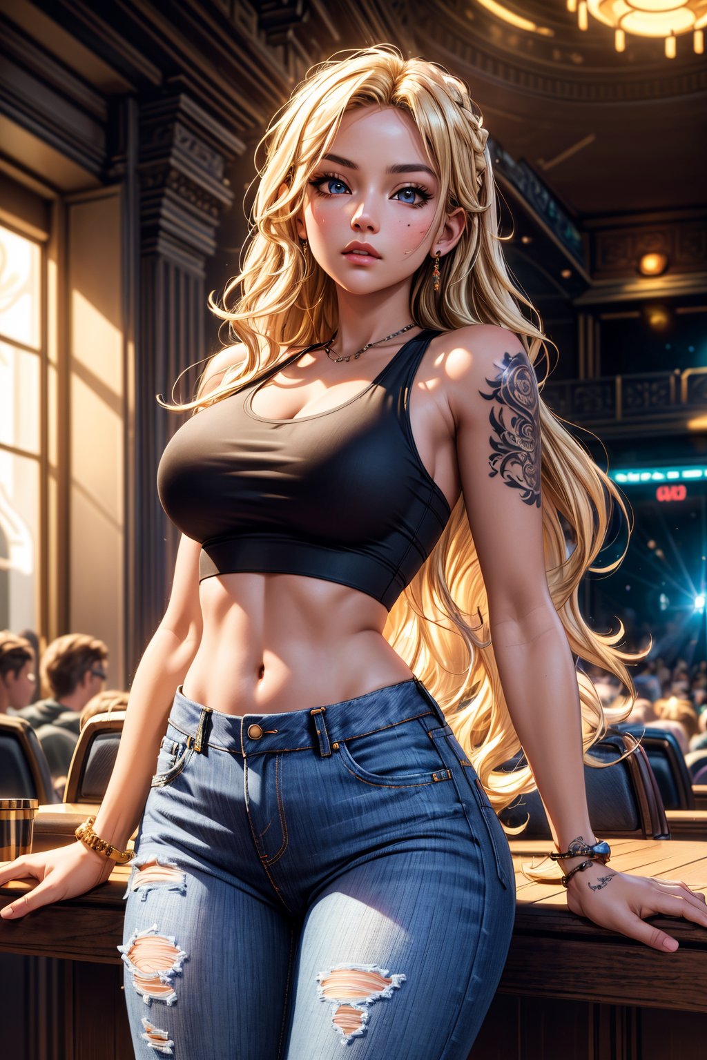 Masterpiece, 16k, intricate details, highest resolution, long shot, perfect lighting, unreal engine, colorful, elaborate and detailed scene, the most beautiful girl, long wavy blonde hair, wide shot, tattoo, crop tank top, jeans, perfect pose, beautiful movie theater