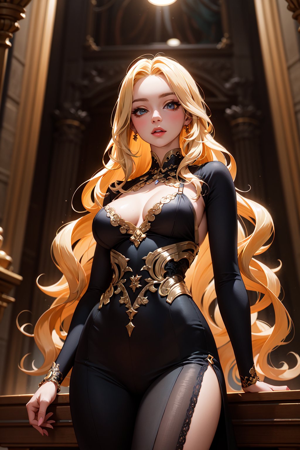 Masterpiece, 16k, intricate details, highest resolution, long shot, perfect lighting, unreal engine, colorful, elaborate and detailed scene, the most beautiful girl, long wavy blonde hair, wide shot, fashion designer, drawing, manikin, fabric, beautiful fashion designer studio, dynamic pose