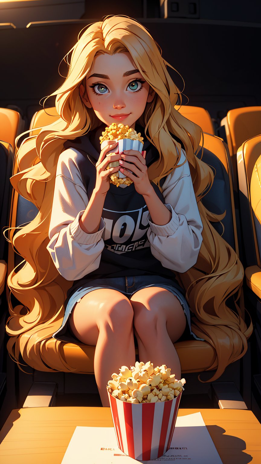 Masterpiece, eyes look away from the viewer, 16k, intricate details, highest resolution, long shot, perfect lighting, unreal engine, colorful, elaborate and detailed scene, the most beautiful girl, long wavy blonde hair, wide shot, sitting in a movie theater, streetwear, eating  popcorn, soft smile, dynamic pose, Sam yang 