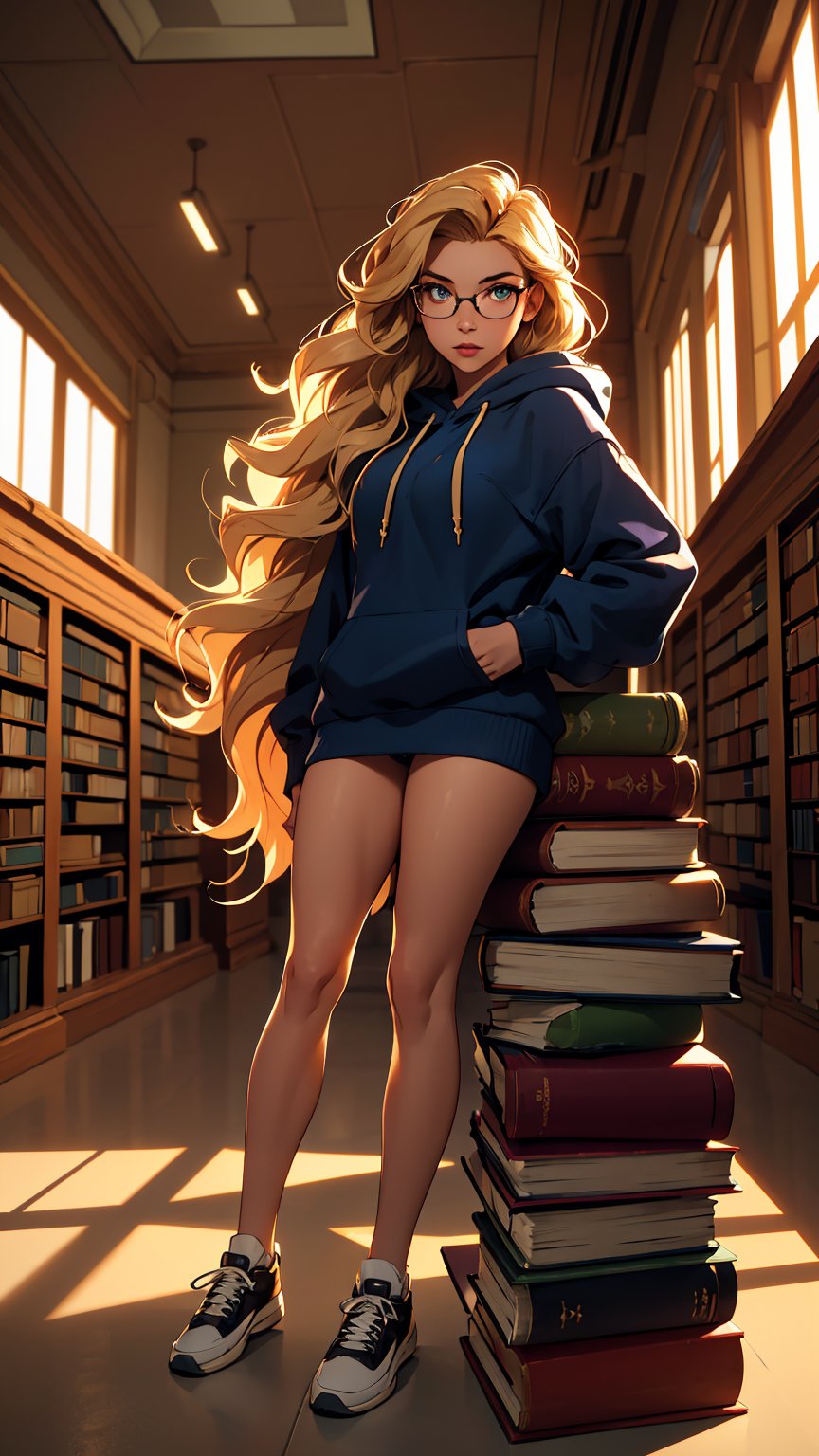 Masterpiece, eyes look away from the viewer, 16k, intricate details, highest resolution, long shot, perfect lighting, unreal engine, colorful, elaborate and detailed scene, the most beautiful girl, long wavy blonde hair, wide shot, university hoodie, stack of books, University library, studying pose, glasses, full body, Sam yang 