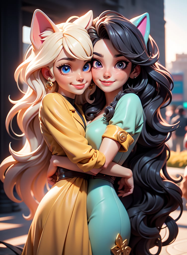 Masterpiece, eyes look away from the viewer, 16k, intricate details, highest resolution, long shot, perfect lighting, unreal engine, colorful, elaborate and detailed scene, 1 girl, perfect face, long and wavy hair, playing, happy, smile, cute cats, hugs, kiss, beautiful park, wide shot, 
3dmm style,Niji Pride