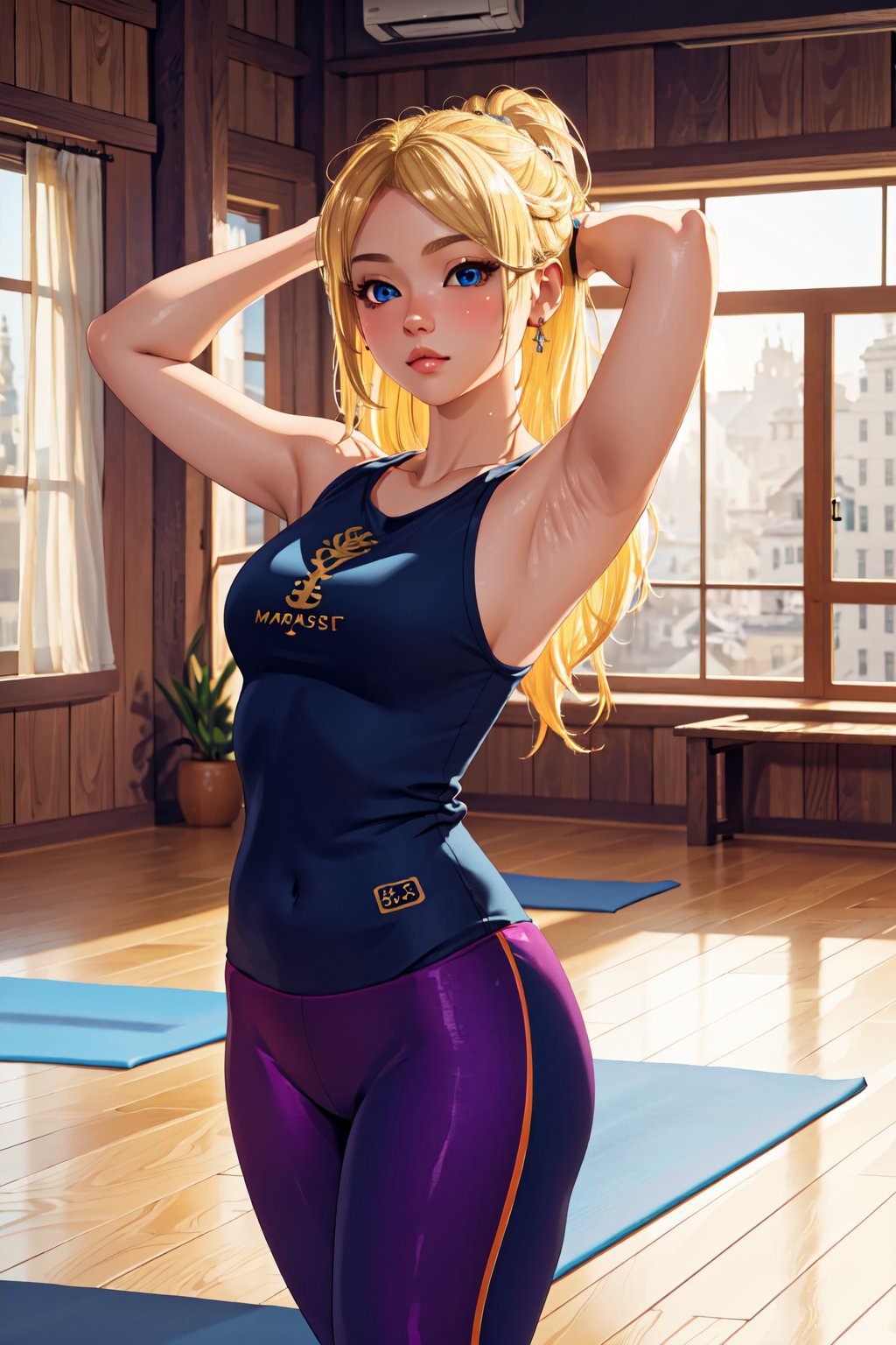 Masterpiece, 16k, intricate details, highest resolution, long shot, perfect lighting, perfect angle, unreal engine, colorful, elaborate and detailed scene, the most beautiful girl, blonde hair, wide shot, dynamic pose, yoga outfit, beautiful yoga studio, perfect face