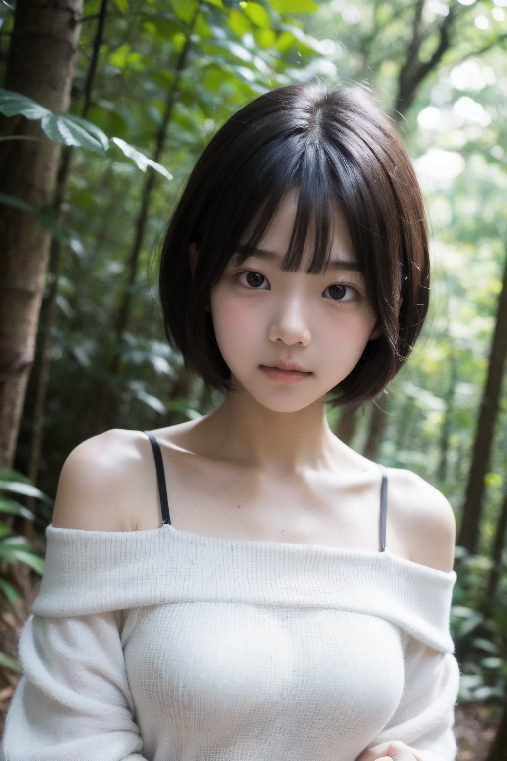 主：(Deep in the woods), 
鏡：(((Only the face enters the camera))), (Focus on the face),
人：korean girl,
髮：(((bangs))), (((very short short hair))),
服：Off-the-shoulder, ((extra long spaghetti strap off-the-shoulder shirt)),Clothes patterns with some Chinese elements,