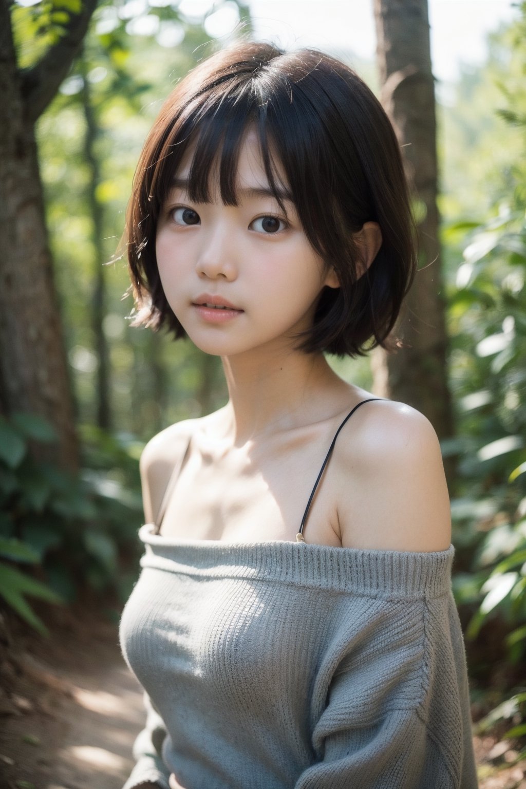 主：(Deep in the woods), 
鏡：(((Only the face enters the camera))), (Focus on the face),
人：korean girl,
髮：(((bangs))), (((very short short hair))),
服：Off-the-shoulder, ((extra long spaghetti strap off-the-shoulder shirt)),Clothes patterns with some Chinese elements,