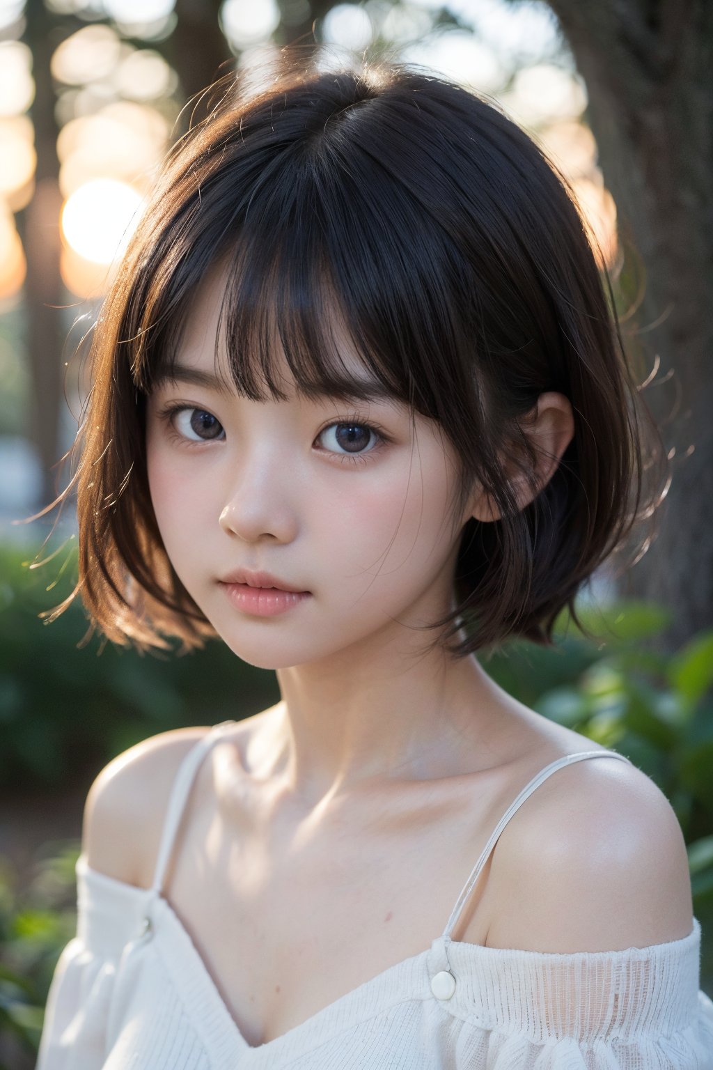 主：(Misty woods under sunset),(((Focus on close-up photos of faces))),
人：1litte 1kid 7yo gril (Child:1.2), 
優：(Stable Diffusion 1.5),
髮：(((short hair))),(((bangs))),(((Well-defined hair strands:1.4))),
服：(Off-the-shoulder),(deep V neckline),