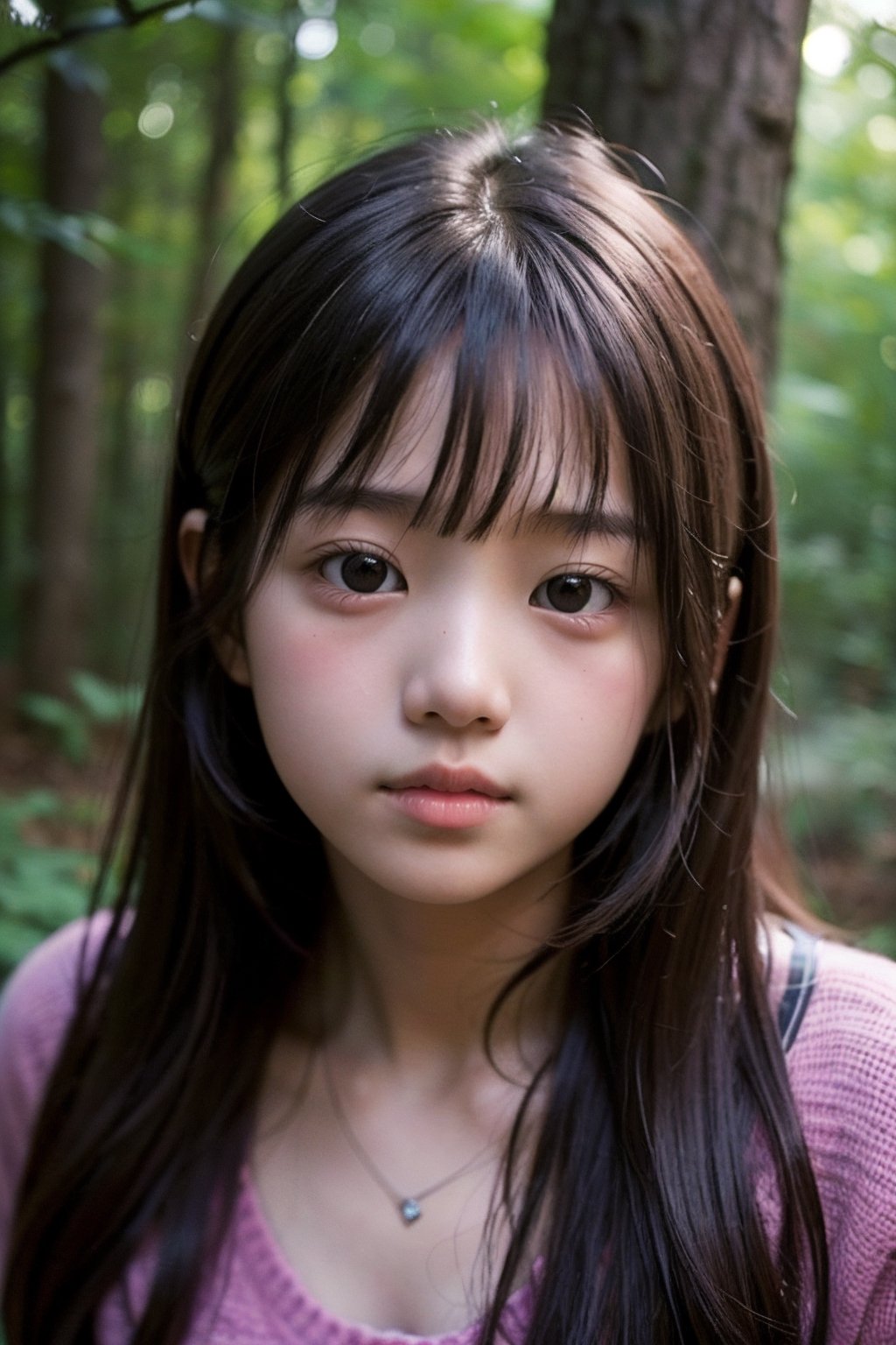 (((deep in the woods))),(looking at the audience),((only the face enters the shot)),
人：1 korean little girl,Pure and restrained little girl,(((little girl of elementary school age))),
體：(((little girl's body))), 
優：High resolution, realistic and delicate high texture,
髮：(bangs),very long hair,