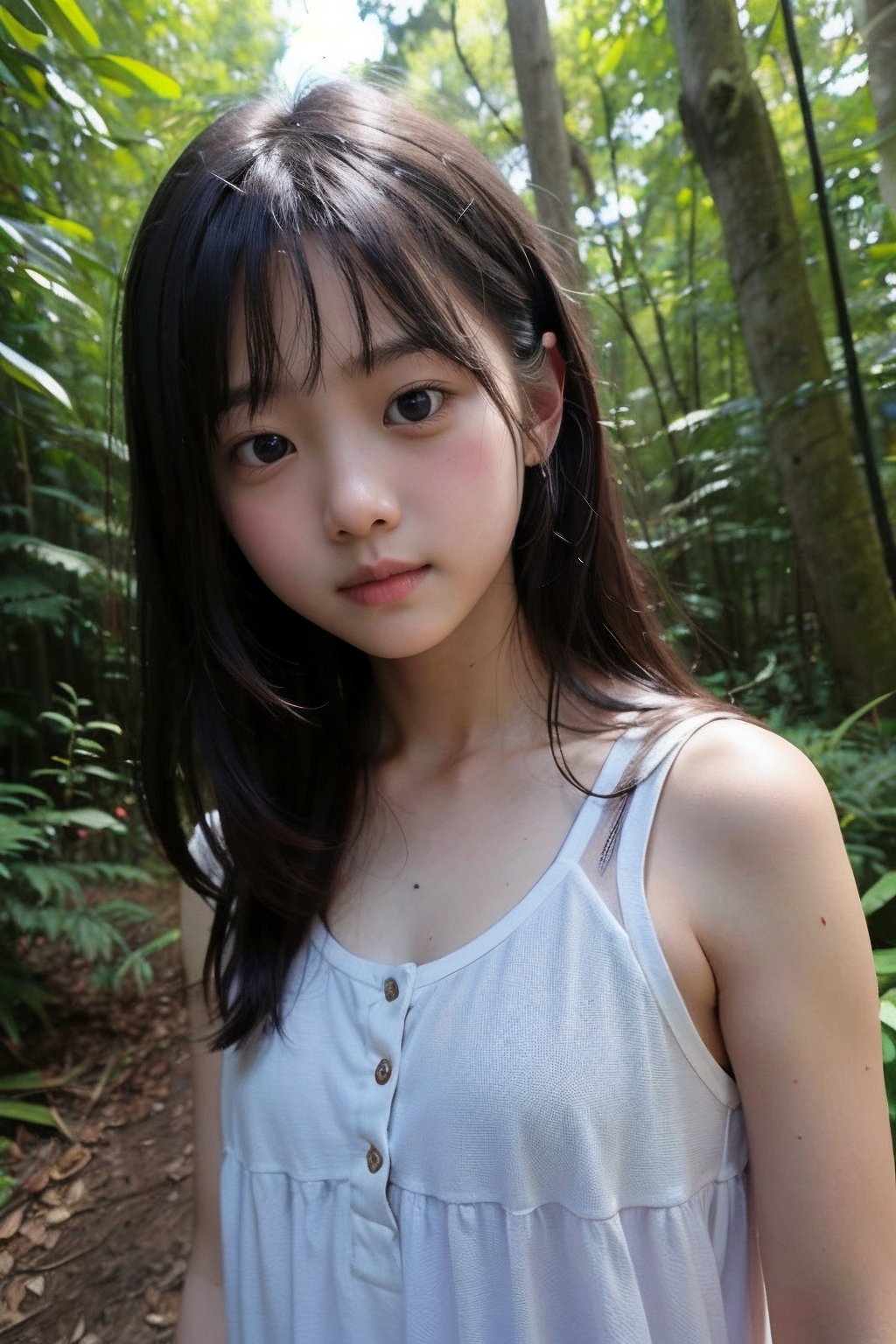 (((deep in the woods))),(looking at the audience),
(((Only the face enters the camera))), 
人：1 korean young girl,Pure and restrained young girl,(((young girl of elementary school age))),A young girl of primary school age,(a very beautiful and innocent young girl),(10 years old),
優：High resolution, realistic and delicate high texture,Warm and delicate texture,
體：The body of a reasonable young girl,(child's body:1.3),
髮：(bangs),very long hair,