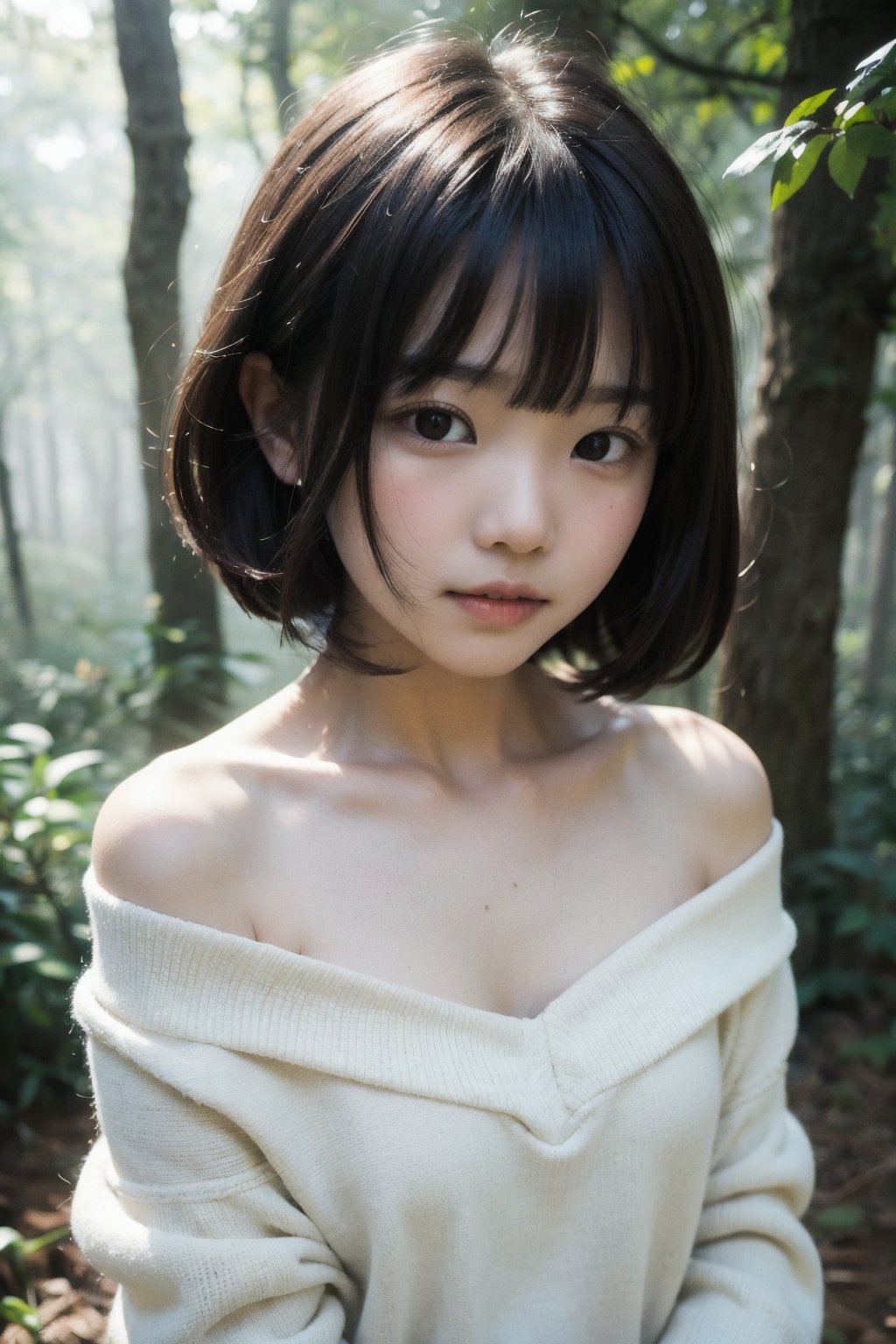 主：(deep in the misty woods),(((face photo))),
人：1litte 1kid 7yo gril (Child:1.2), 
優：With a very high artistic composition style,
髮：(((short hair))),(((bangs))),(((Well-defined hair strands:1.4))),
服：(Off-the-shoulder),deep V neckline,