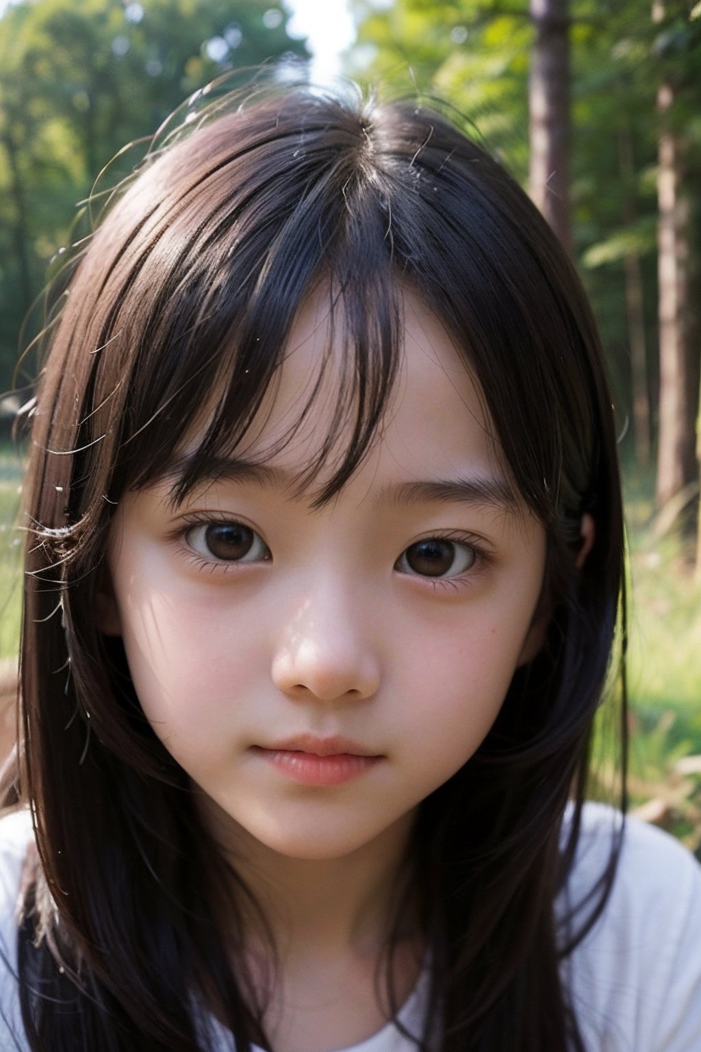 (((deep in the woods))),(looking at the audience),
(((Only the face enters the camera))), close up,
人：1 korean young girl,(young girl of elementary school age),Pure and restrained young girl,A young girl of primary school age,(a very beautiful and innocent young girl),(10 years old),
優：High resolution, realistic and delicate high texture,Warm and delicate texture,
體：The body of a reasonable young girl,()child's body:1.3),
髮：(bangs),long hair,