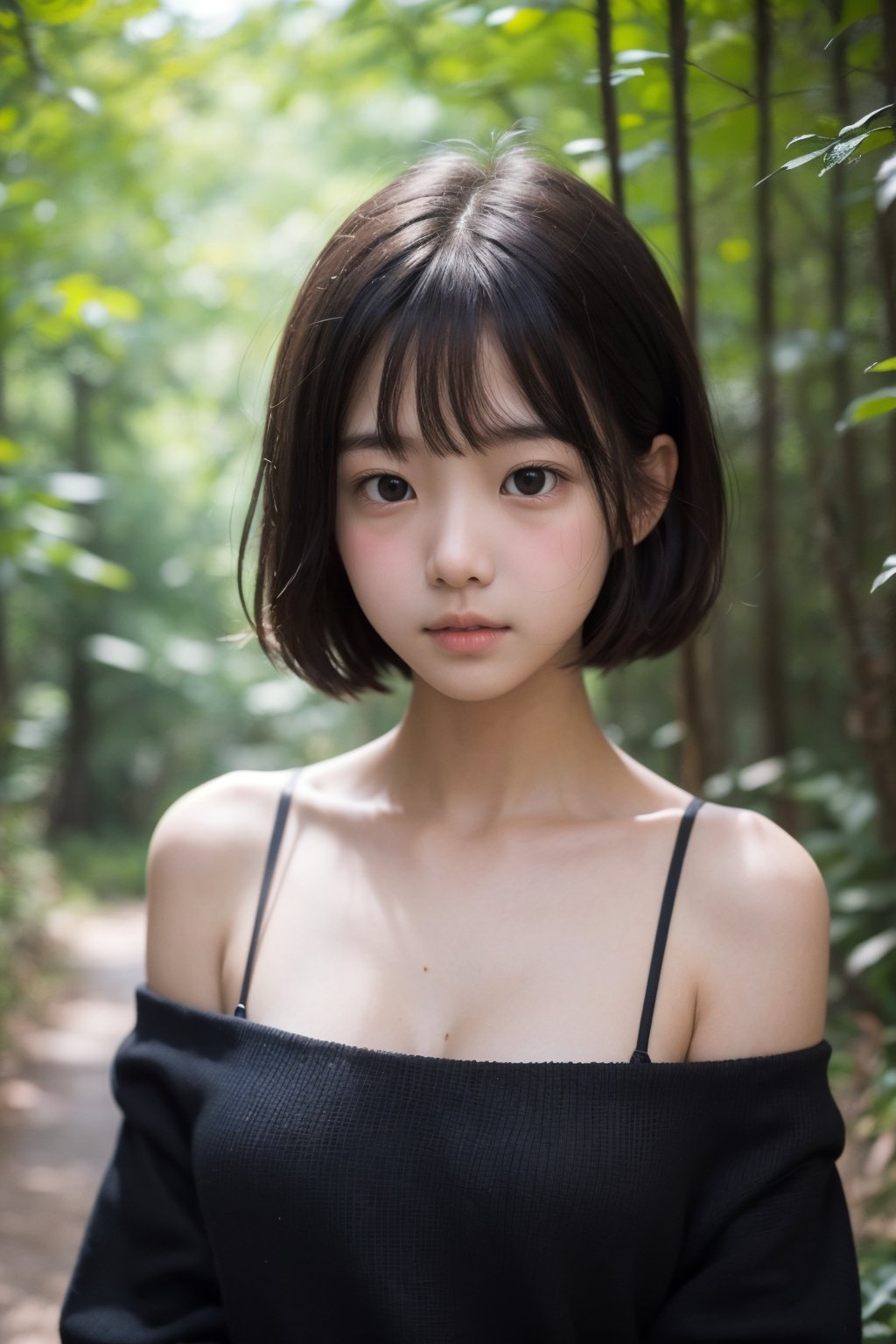 主：(Deep in the woods), 
鏡：(((Only the face enters the camera))), (Focus on the face),
人：korean girl,
髮：(((bangs))), (((very short short hair))),
服：Off-the-shoulder, ((extra long spaghetti strap off-the-shoulder shirt)),Clothes patterns with some Chinese elements,