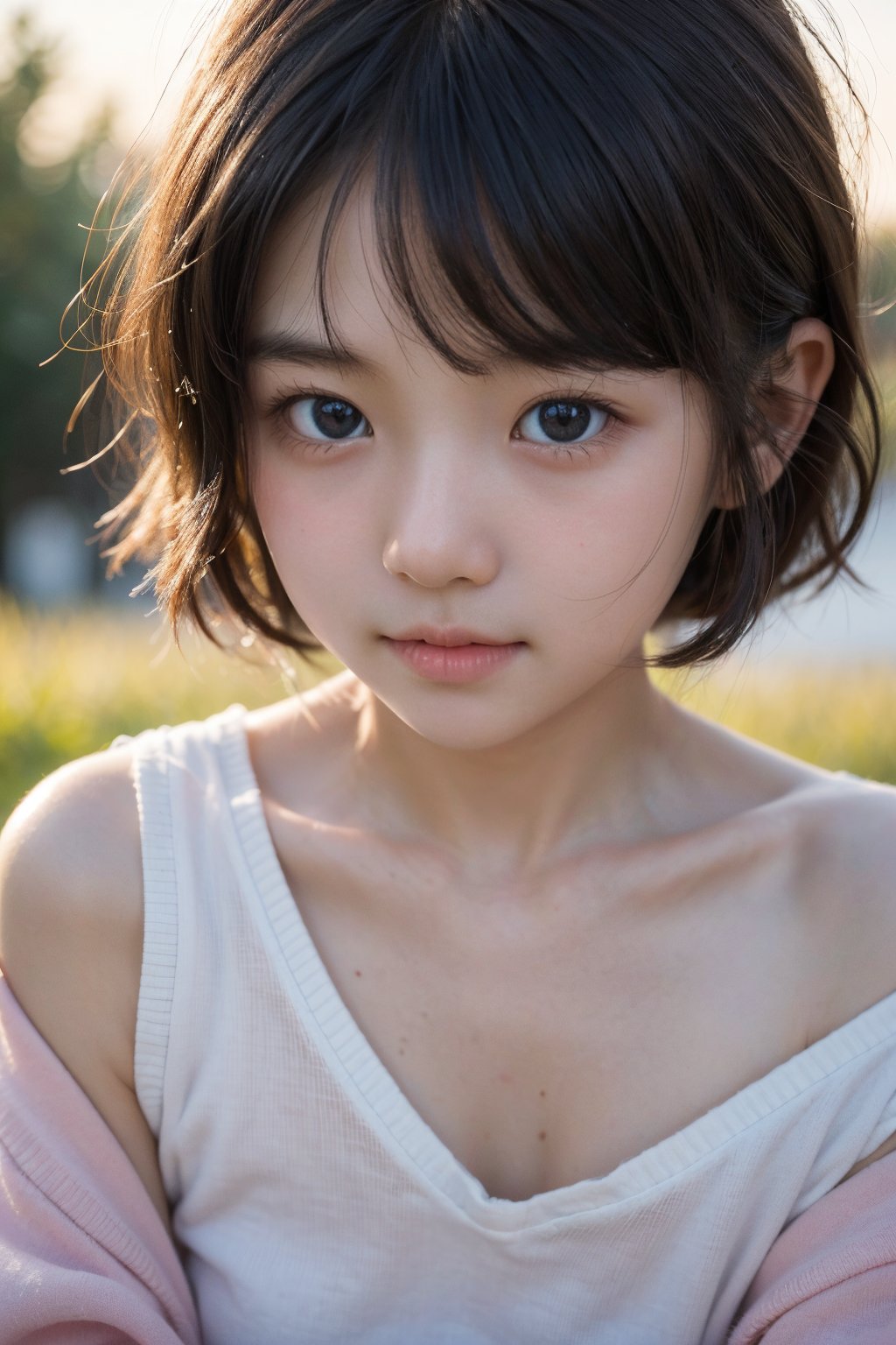 主：(Misty woods under sunset),(((Focus on close-up photos of faces))),
人：1litte 1kid 7yo gril (Child:1.2), 
優：(Stable Diffusion 1.5),
髮：(((short hair))),(((bangs))),(((Well-defined hair strands:1.4))),
服：(Off-the-shoulder),(deep V neckline),