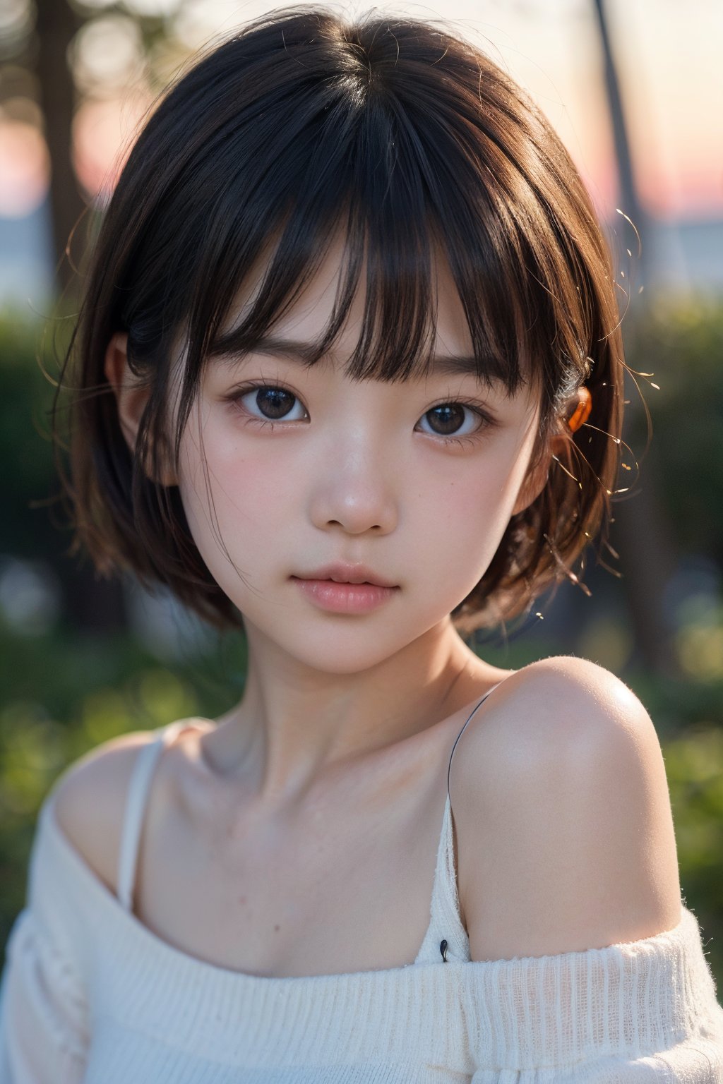 主：(Misty woods under sunset),(((Focus on close-up photos of faces))),
人：1litte 1kid 7yo gril (Child:1.2), 
優：(Stable Diffusion 1.5),
髮：(((short hair))),(((bangs))),(((Well-defined hair strands:1.4))),
服：(Off-the-shoulder),(deep V neckline),