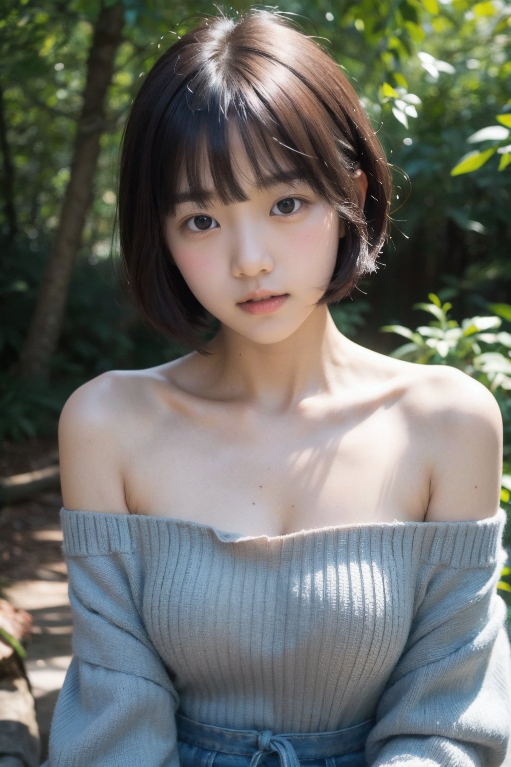 主：(Deep in the woods), 
鏡：(((Only the face enters the camera))), (Focus on the face),
人：korean girl,
髮：(((bangs))), (((very short short hair))),
服：Off-the-shoulder, ((extra long spaghetti strap off-the-shoulder shirt)),A dress with some Chinese elements and patterns,