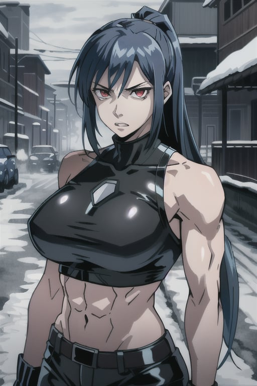 ESDEATH, solo_female, muscular_female, biceps, abs, gorgeous face, big mouth, very long ponytail hair, shiny hair, black hair, expressive eyes, red eyes, linked_thick_eyelashes, pink latex shoulderless shirt, black pantalon, shaped clothes, night_snow_weather, sob,makima \(chainsaw man\),fate/stay background