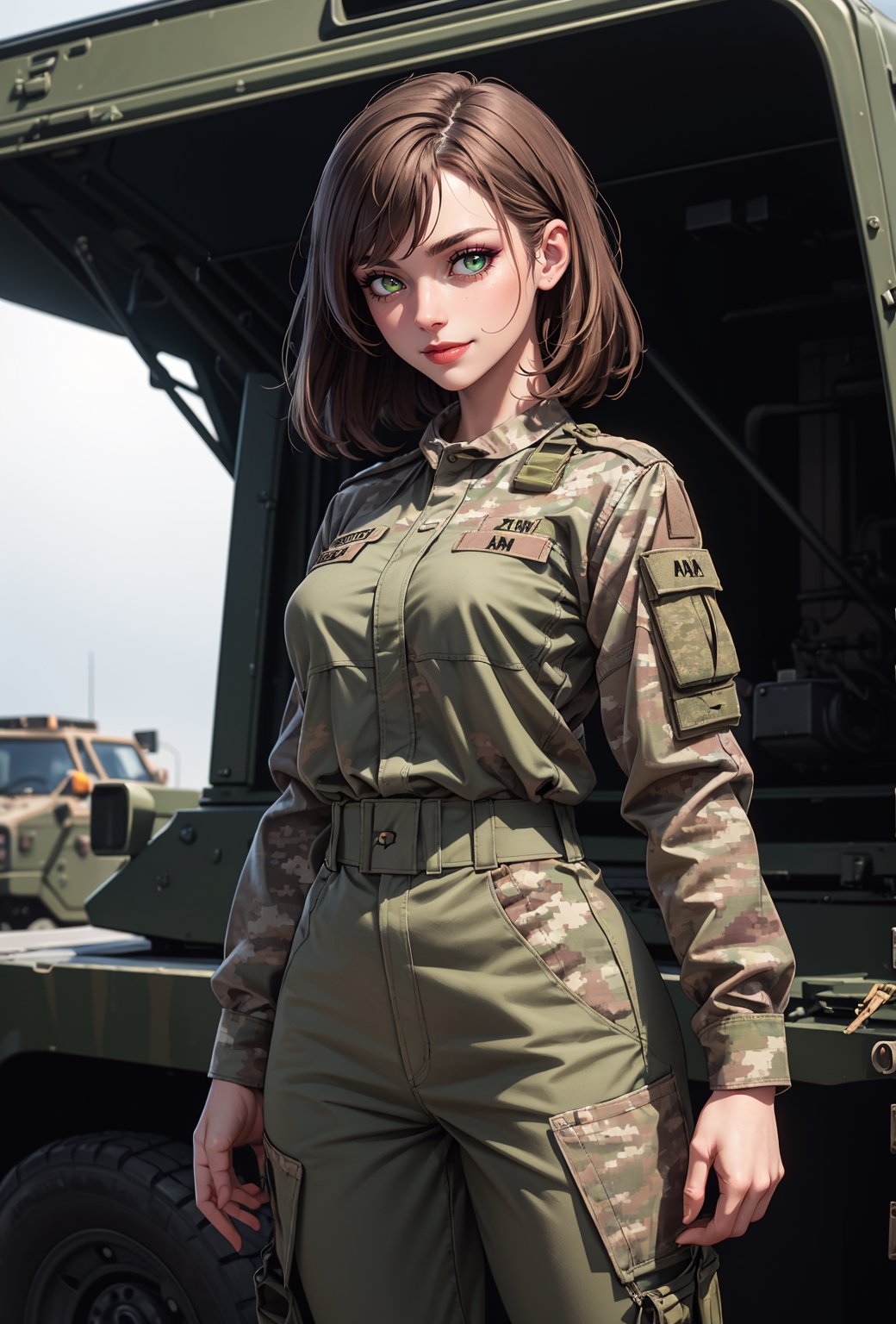 perfect photograph of beautiful female soldier, short bonde hair, wearing army camo outfit, narrow waist with ample breasts, asymmetric long brown hair, (wind:0.8), depth of field, dark theme, standing beside a humvee