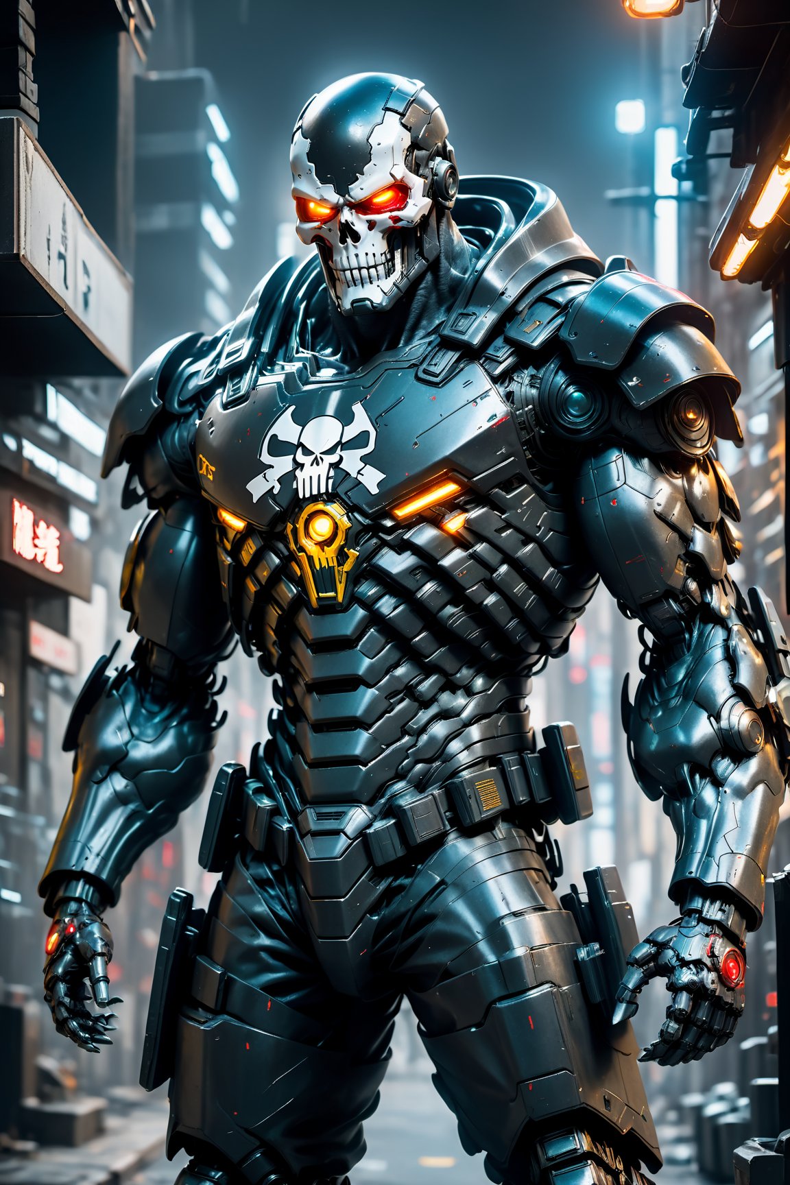 anti-hero Punisher mecha robo soldier character, anthropomorphic figure, wearing black futuristic soldier bloody armor and weapons, metal armor, full-face helmet, muscular and veins body, realistic figure, hyperdetailed, cinematic lighting photography, 32k uhd, rgb lighting on suit, (hyperrealistic:1.2), full_body, walking on dark alley, cyberpunk city, cyberpunk style