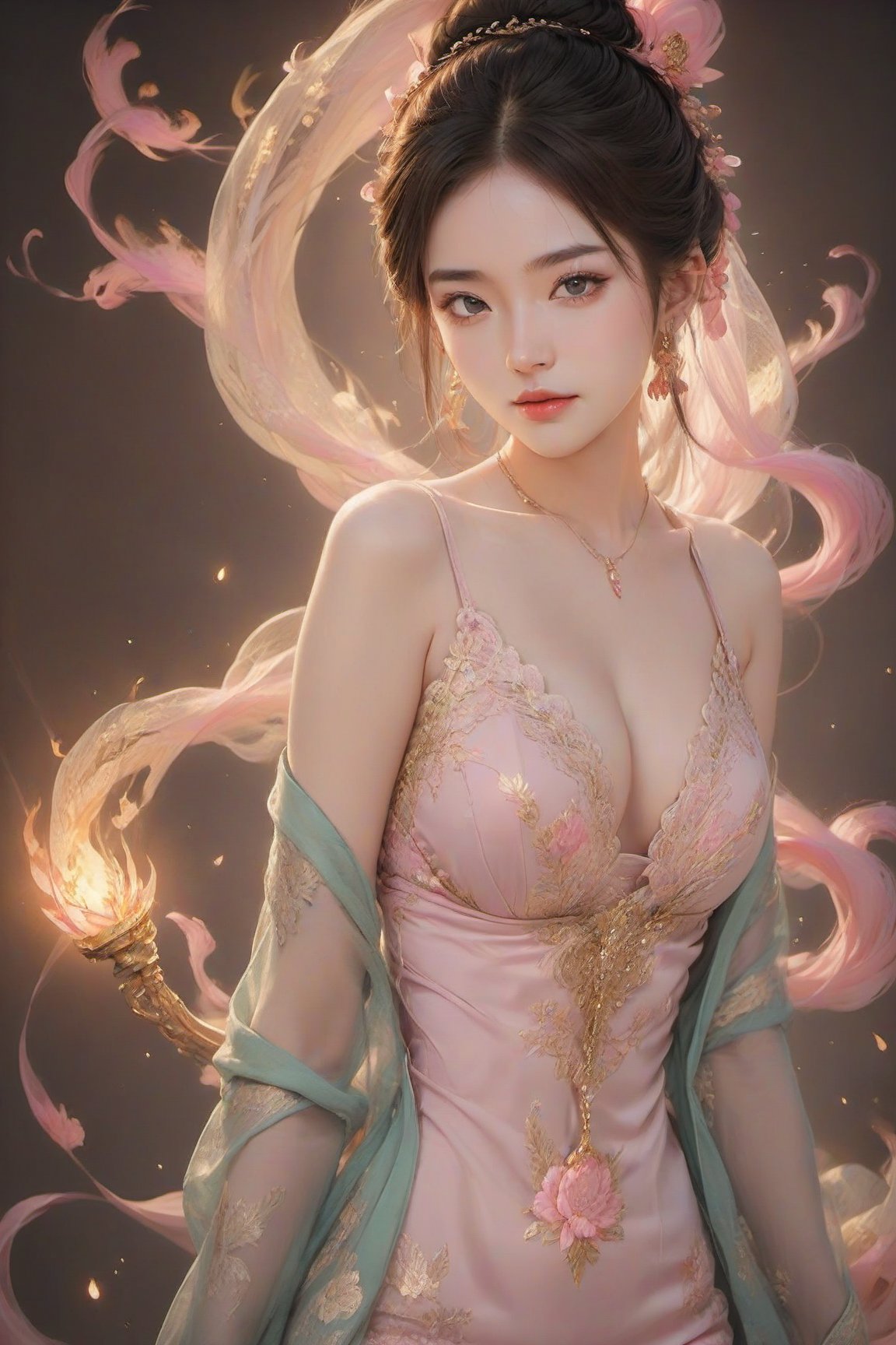1girl,  a (perfect portrait) of beautiful girl with flame like very long hair, huayu, wearing see-through skintight cheongsam minidress, pastel pink clothes with intricate lace and tulle shawl and jade ornaments, (cleavage:1.3), big boobs, hourglass figure, looking at viewer, 
masterpiece, best quality, 8k, absurdres, (crepuscular rays), bokeh, beautiful face, photography film, photorealistic, pretty hands, good hands, masterpiece, best quality, realistic, ultra highres, depth of field, (detailed face:1.2), (detailed eyes:1.2), (detailed traditional market in china), ((complex background)), extra limbs, (masterpiece:1.2), (ultra detailed), (best quality), intricate, comprehensive cinematic lighting, magical photography, (smooth gradients), colorful, (night, glowing lights), visual key,Spirit Fox Pendant