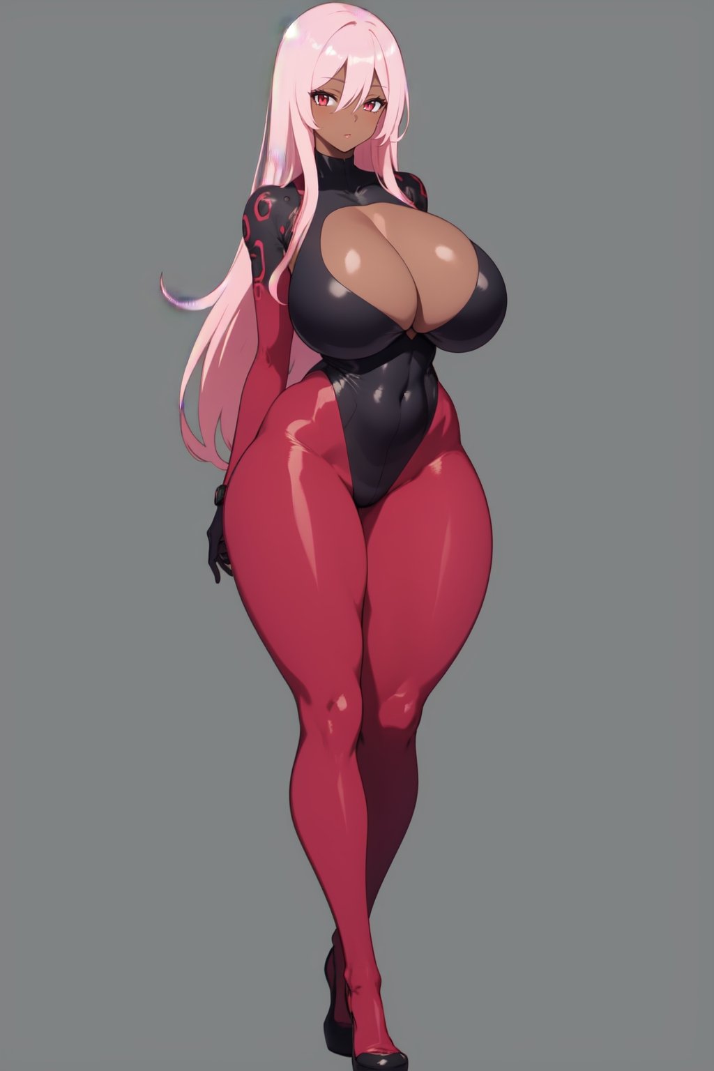 masterpiece, best quality, gray background, ( 1girl), (beautiful detailed eyes), huge breasts, wide_hips, red eyes, pink hair, full body, stand, 
hair between eyes, long hair, skin tight, Dark skin, 