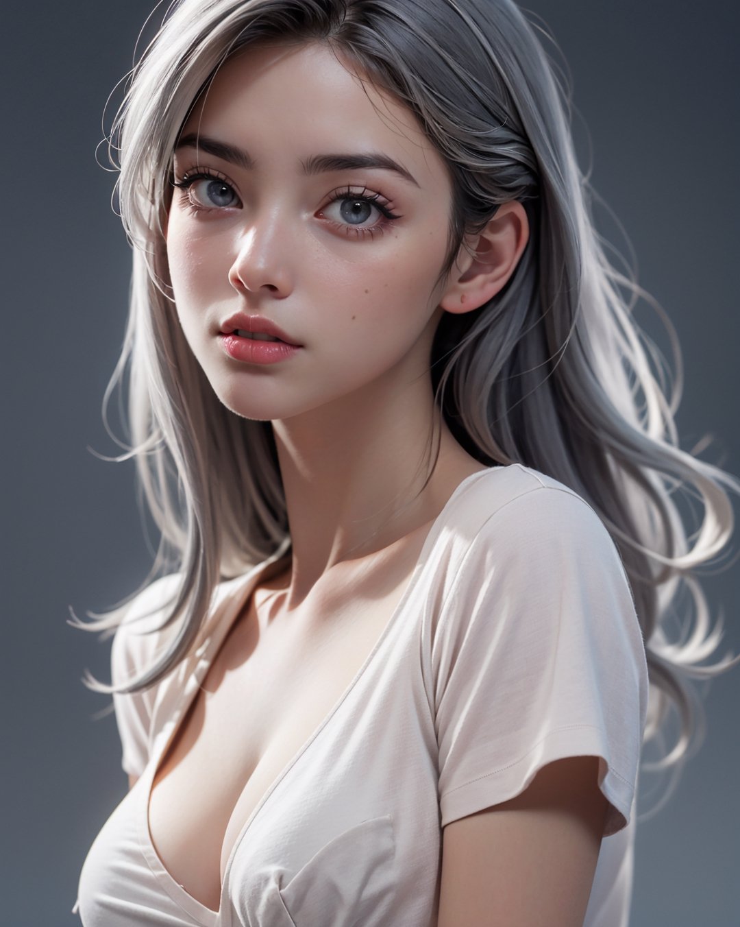 masterpiece,  best quality,  photorealistic,  8k raw photo,  (a sole_girl wearing v-neck tshirt show her sexy cleavage) , viewed_from_top,  seduce, beautifull face, gray_hair, frozen,dramatic blurry_light_background,  natural_boobies,  detailed,  perfect body,  perfect hand,