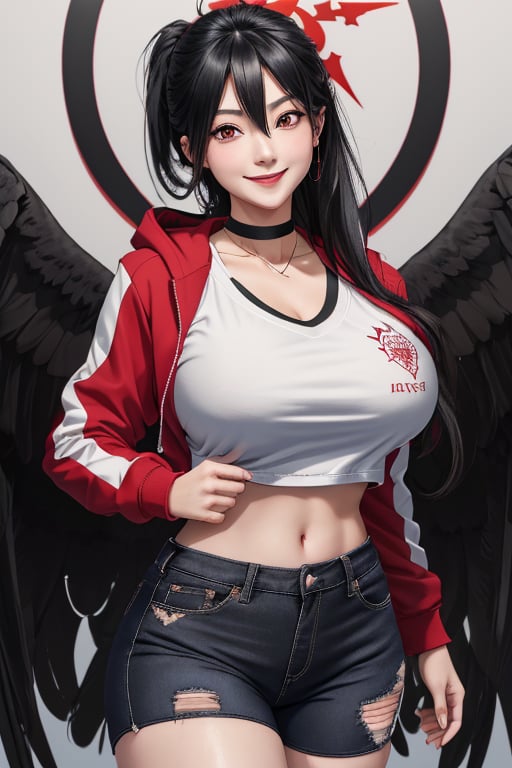 masterpiece, best quality, highres, hasumidef, hasumigym, 1girls, solo, girl, mature, cute, rose eyes, wide hips, red halo, long hair, huge breasts, giant breasts, black hair, weak smile, one pair black wings behind, large hoodiejewelry, choker necklace, bracelet, black jeans, 