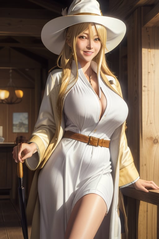 masterpiece, best quality, highres, mature, 1girls, solo girl, marikawashizuka, real Blonde hairs, Brown eyes, huge breasts, wide hips, smoot hands, smile smale, jewelery, wand,  white lether shirt, jacket, white witch hat, robes, mage