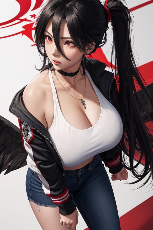 masterpiece, best quality, highres, hasumidef, hasumigym, 1girls, solo, girl, mature, cute, giant breasts, weak red eyes, wide hips, red halo, long hair, huge breasts,  black hair, huge_breasts, one pair black wings behind, jacket, jewelry, choker necklace, bracelet, black long jeans,