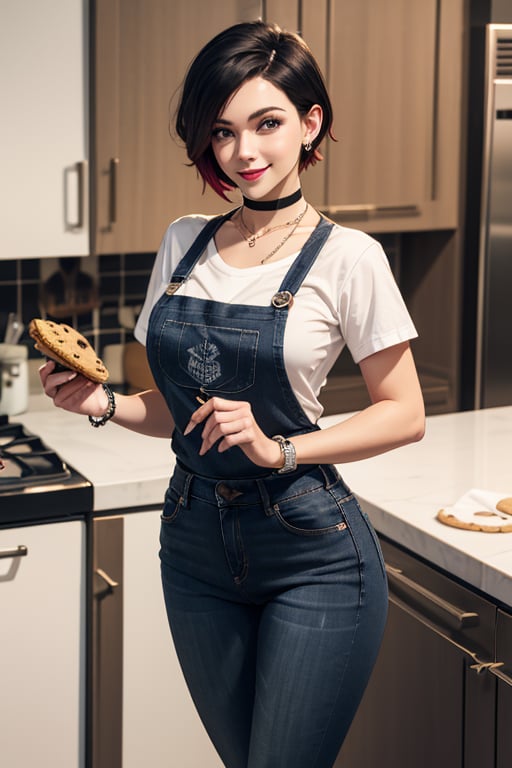 masterpiece, best quality, highres, solo, 1girl,  ruby rose, big breasts, wide hips, big eyes, cute, energetic, smile, pearcing, jewelry, choker necklace, bracelet, black jeans, white t-shirt, apron, dark black jeans, cookies in hand, kitchen, baking cookies, full apron