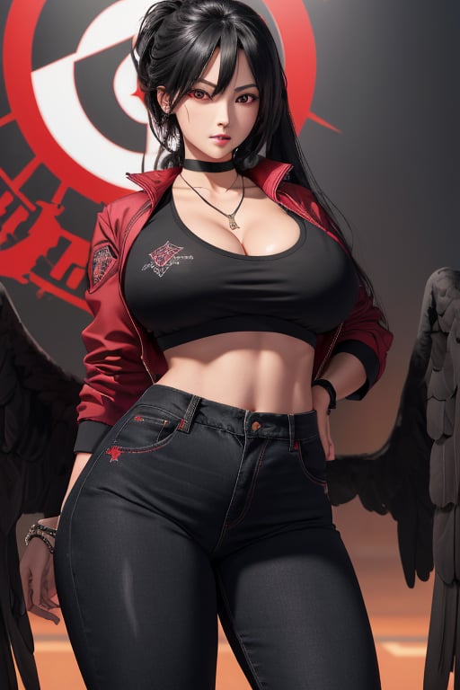 masterpiece, best quality, highres, hasumidef, hasumigym, 1girls, solo, girl, mature, cute, giant breasts, weak red eyes, wide hips, red halo, long hair, huge breasts,  black hair, huge_breasts, one pair black wings behind, jacket, jewelry, choker necklace, bracelet, black long jeans,