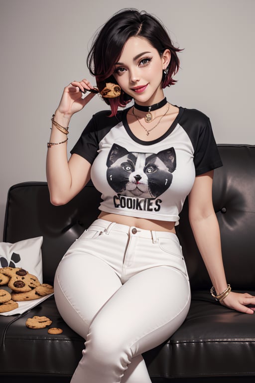 masterpiece, best quality, highres, solo, 1girl,  ruby rose, big breasts, wide hips, big eyes, cute, energetic, smile, pearcing, jewelry, choker necklace, bracelet, black jeans, white t-shirt,  dark black jeans, eating cookies, sit on sofa, feets on table, cookies