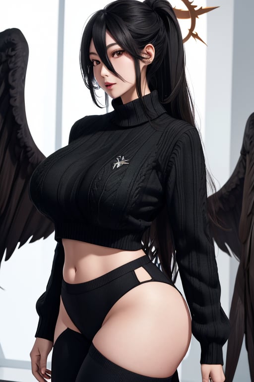 masterpiece, best quality, highres, 1girls, solo, mature, girl, wide hips, halo, long hair, wing behind, huge breasts, black hair, black wings, sweater, pants