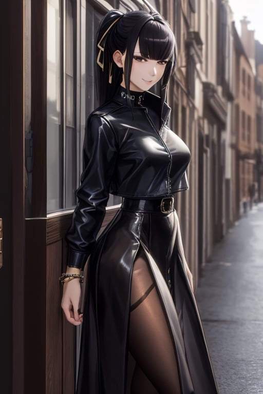 masterpiece, best quality, highres, 1girls, solo, narberal gamma, girl, mature, cute, big breasts, wide hips, long hair, black hair, sexy, jewelry, choker necklace, bracelet, leather jacket, shirt, skirt, pantyhouse, seductive pose, small smile, better hands, street